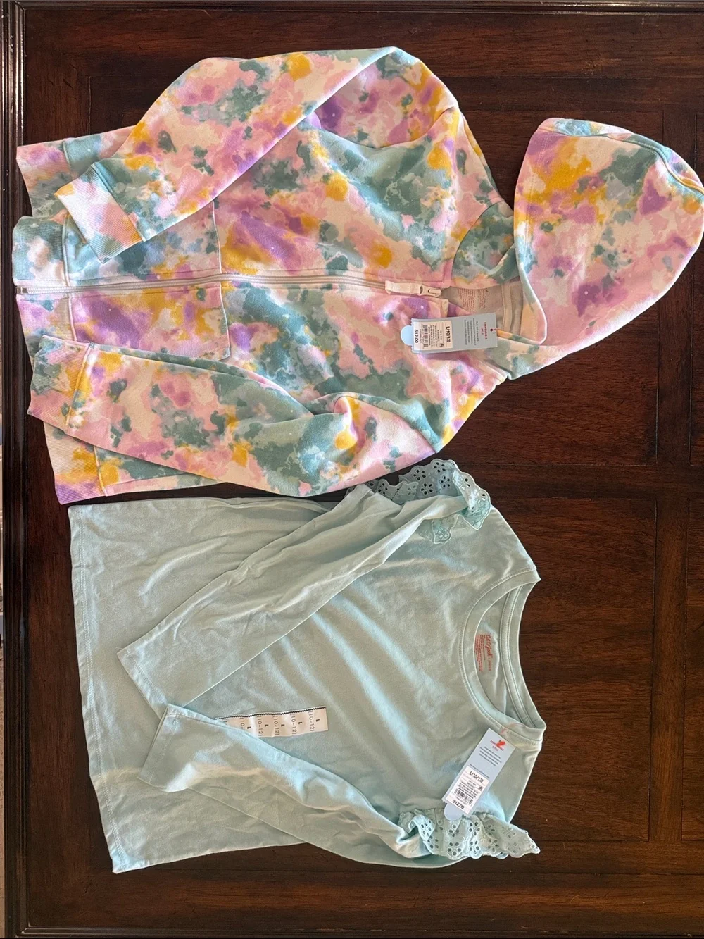 Pastel Tie-Dye Zip Hoodie & Mint Ruffle Sleeve Top Set, Size 10-12